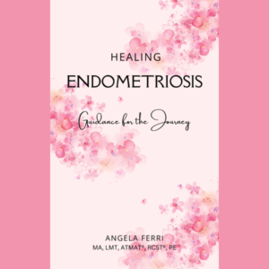 Book cover with pink cherry blossoms titled 'Healing Endometriosis' by Angela Ferro.